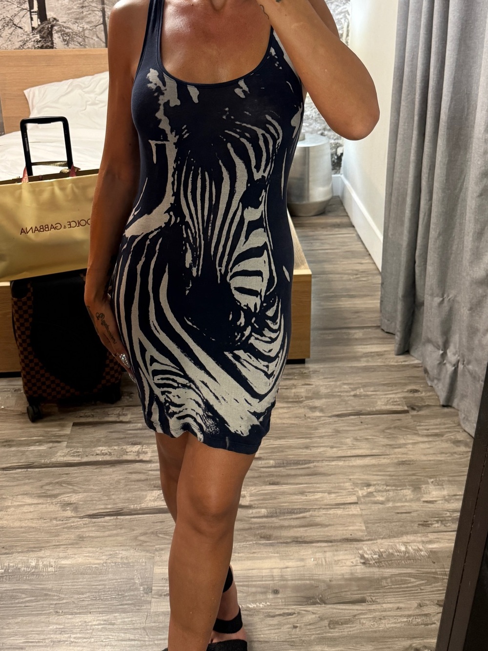 BERSHKA Black and Cream Zebra Print Tank Dress